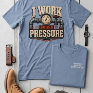 Funny Plumber Repair Graphic Tee "I Work Under Pressure" Back - "Plumbing Systems Diagnostician" Front — blue-jean t-shirt, flat-lay product photo | Pressure Tested Co