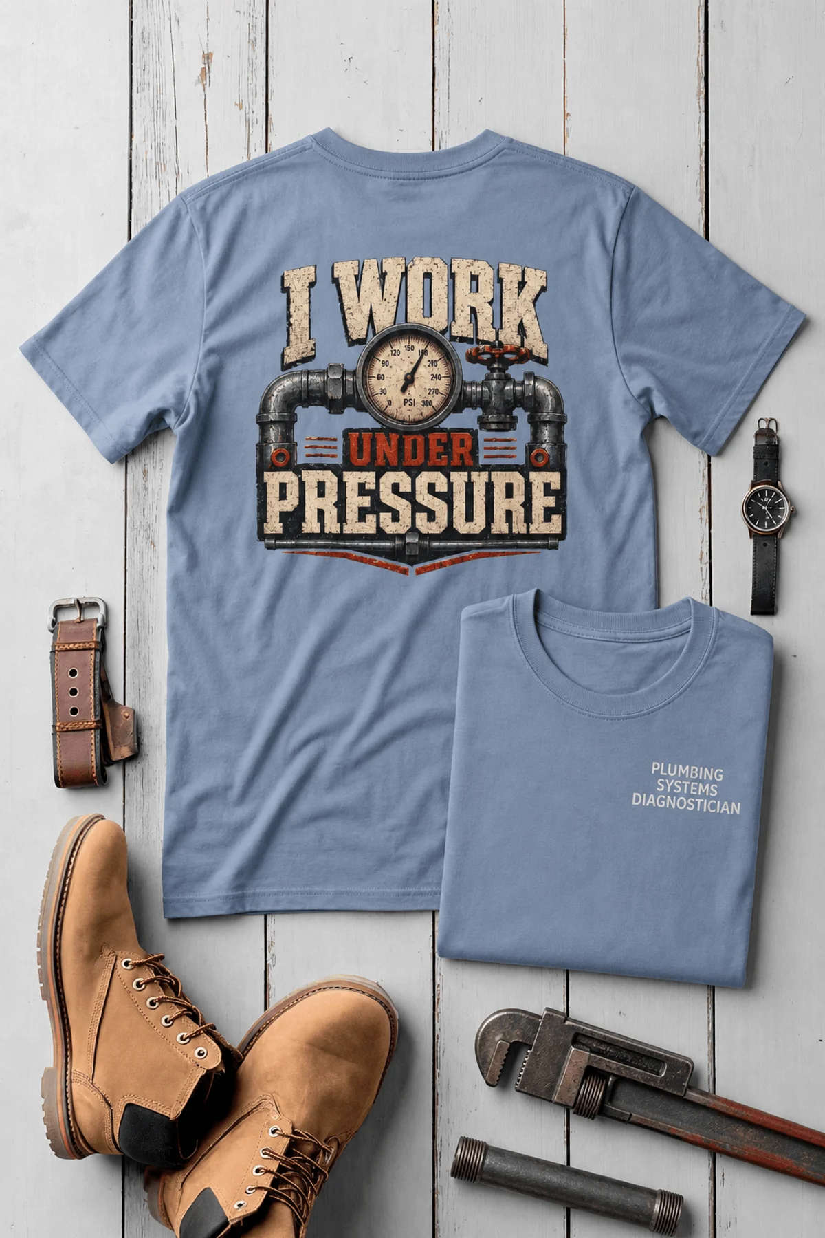 Funny Plumber Repair Graphic Tee "I Work Under Pressure" Back - "Plumbing Systems Diagnostician" Front — blue-jean t-shirt, flat-lay product photo | Pressure Tested Co