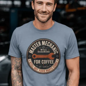 Mechanic T-Shirt — "Master Mechanic: Will Diagnose for Coffee" Retro Wrench Tee - Image 4