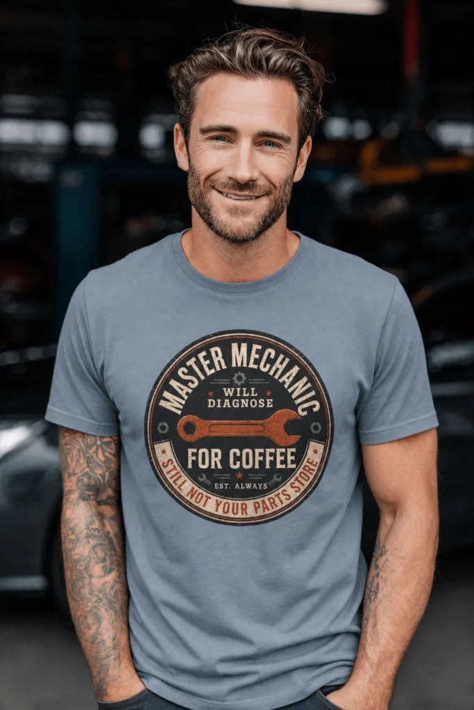 Mechanic T-Shirt — "Master Mechanic: Will Diagnose for Coffee" Retro Wrench Tee