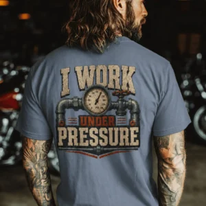 Funny Plumber Repair Graphic Tee "I Work Under Pressure" Back - "Plumbing Systems Diagnostician" Front — blue-jean t-shirt, model photo | Pressure Tested Co
