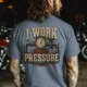 Funny Plumber Repair Graphic Tee "I Work Under Pressure" Back - "Plumbing Systems Diagnostician" Front — blue-jean t-shirt, model photo | Pressure Tested Co