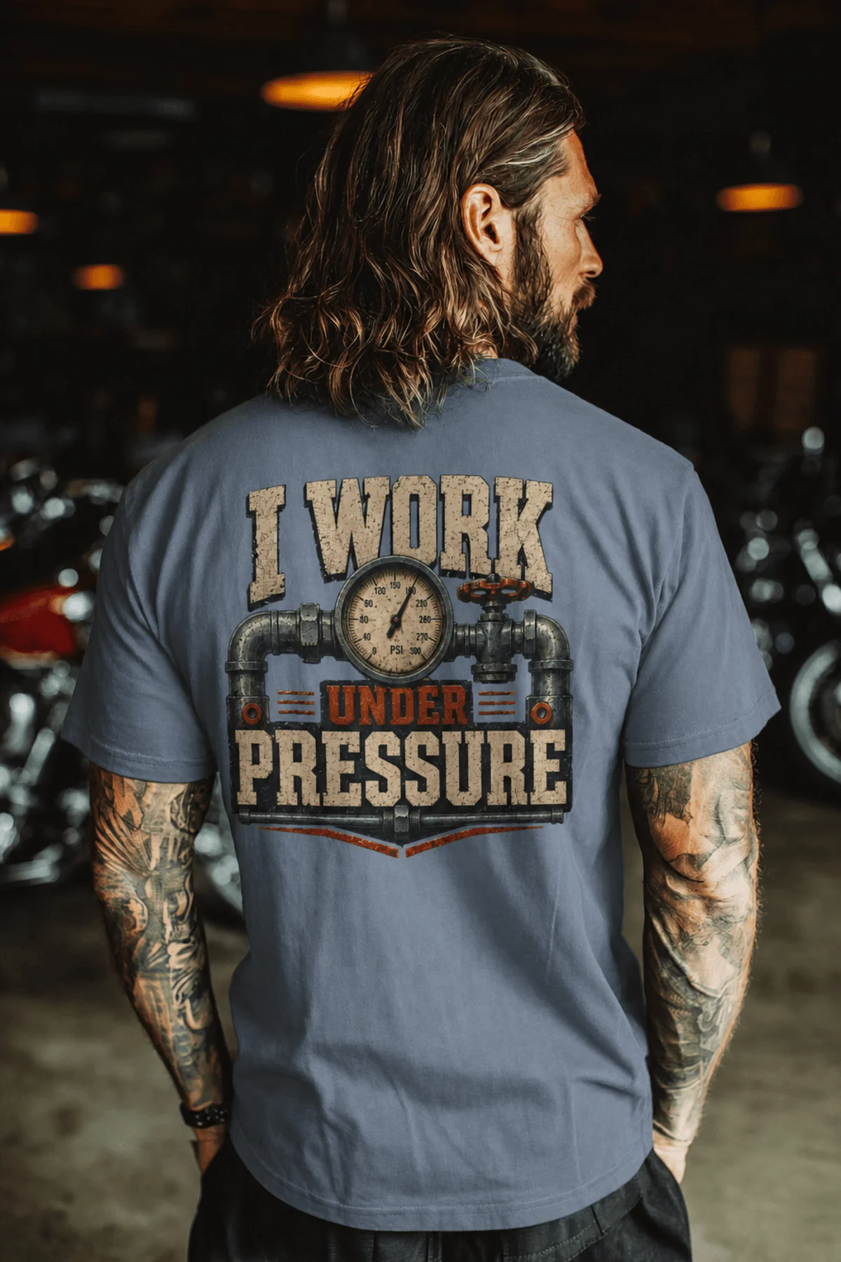 Funny Plumber Repair Graphic Tee "I Work Under Pressure" Back - "Plumbing Systems Diagnostician" Front — blue-jean t-shirt, model photo | Pressure Tested Co