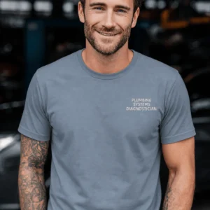 Funny Plumber Repair Graphic Tee "I Solve Problems You Can Smell" Back - "Plumbing Systems Diagnostician" Front — blue-jean t-shirt, model photo | Pressure Tested Co