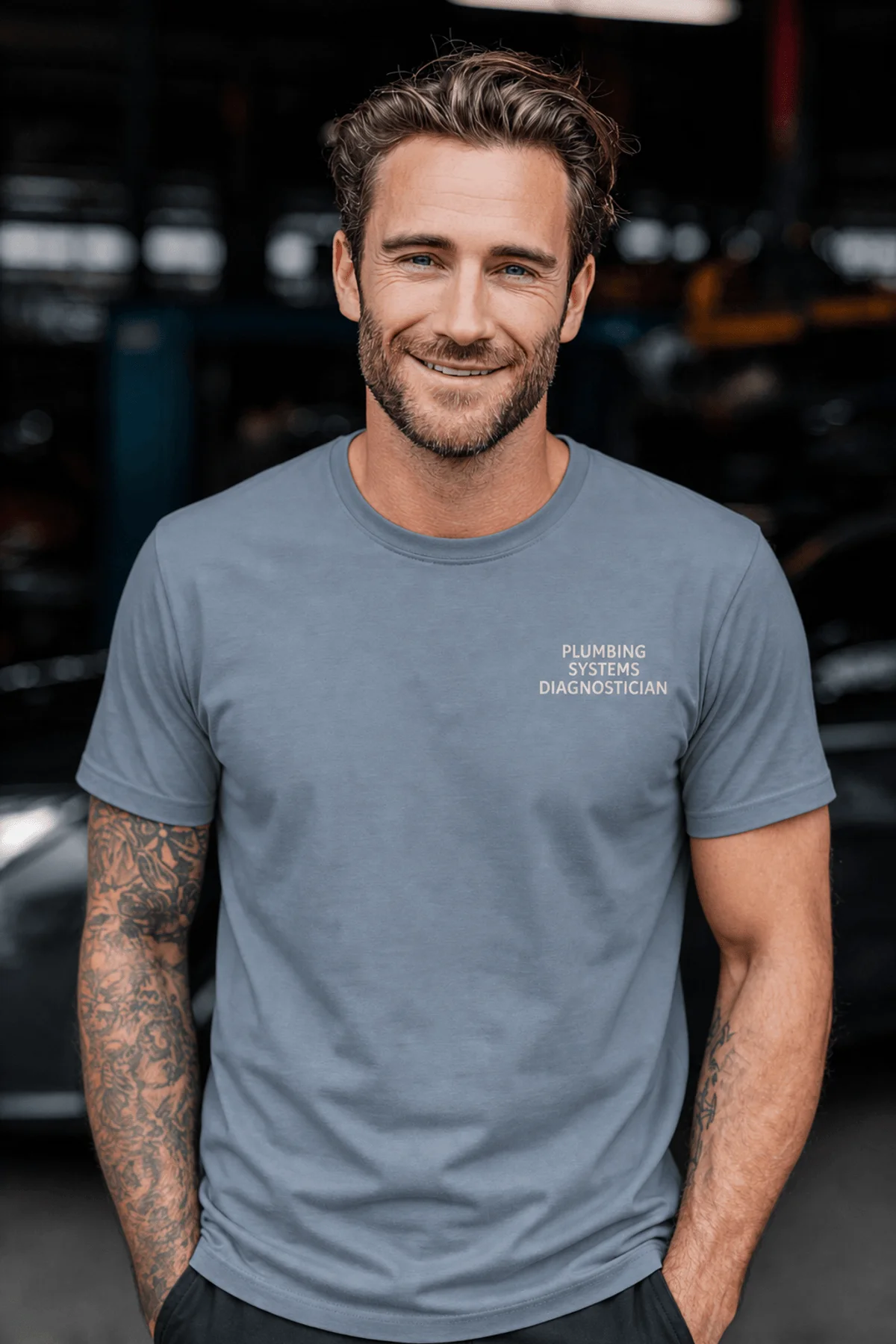 Funny Plumber Repair Graphic Tee "I Solve Problems You Can Smell" Back - "Plumbing Systems Diagnostician" Front — blue-jean — Model Funny Plumber Repair Graphic Tee "I Solve Problems You Can Smell" Back - "Plumbing Systems Diagnostician" Front — blue-jean t-shirt, model photo | Pressure Tested Co