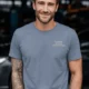 Funny Plumber Repair Graphic Tee "I Work Under Pressure" Back - "Plumbing Systems Diagnostician" Front — blue-jean t-shirt, model photo | Pressure Tested Co