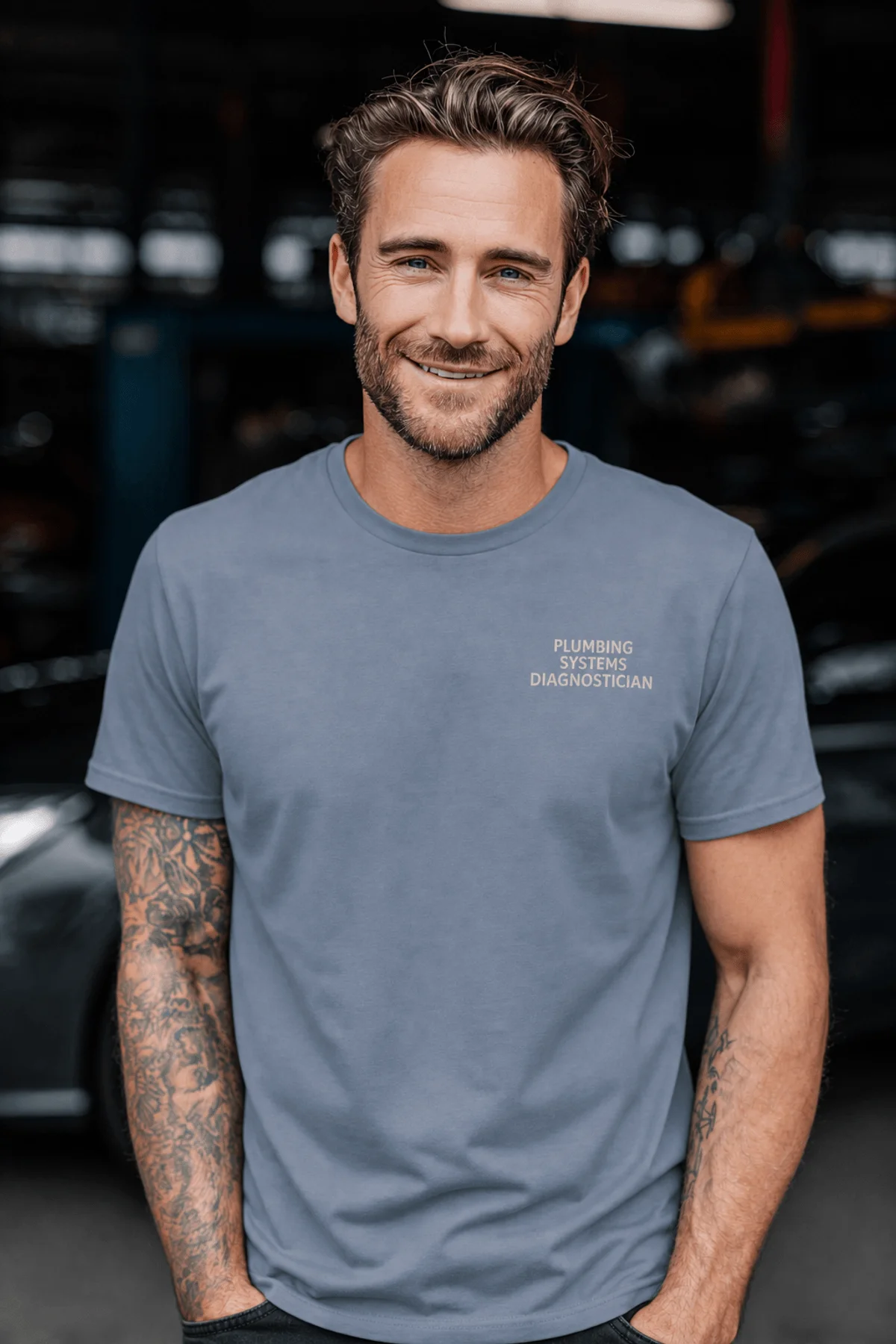 Funny Plumber Repair Graphic Tee "I Work Under Pressure" Back - "Plumbing Systems Diagnostician" Front — blue-jean t-shirt, model photo | Pressure Tested Co
