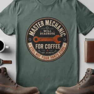 Mechanic T-Shirt — "Master Mechanic: Will Diagnose for Coffee" Retro Wrench Tee - Image 7