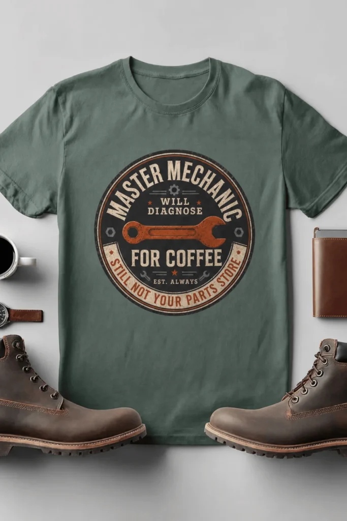 Mechanic T-Shirt — "Master Mechanic: Will Diagnose for Coffee" Retro Wrench Tee