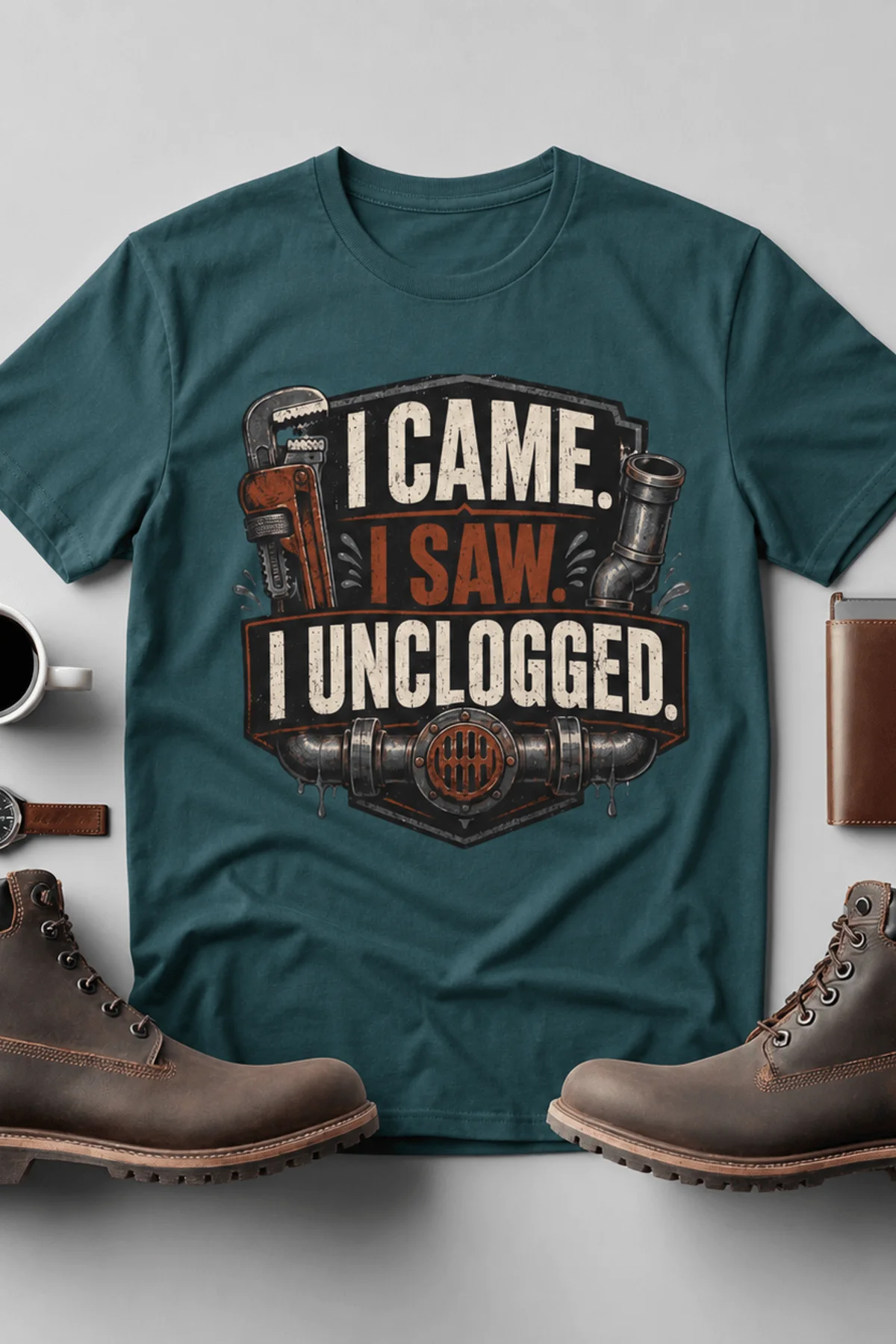 blue-spruce-flatlay-2 I Came. I Saw. I Unclogged. Plumber T-Shirt