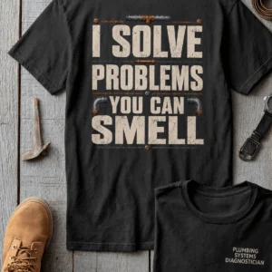 Funny Plumber Repair Graphic Tee "I Solve Problems You Can Smell" Back - "Plumbing Systems Diagnostician" Front — blue-spruce t-shirt, flat-lay product photo | Pressure Tested Co