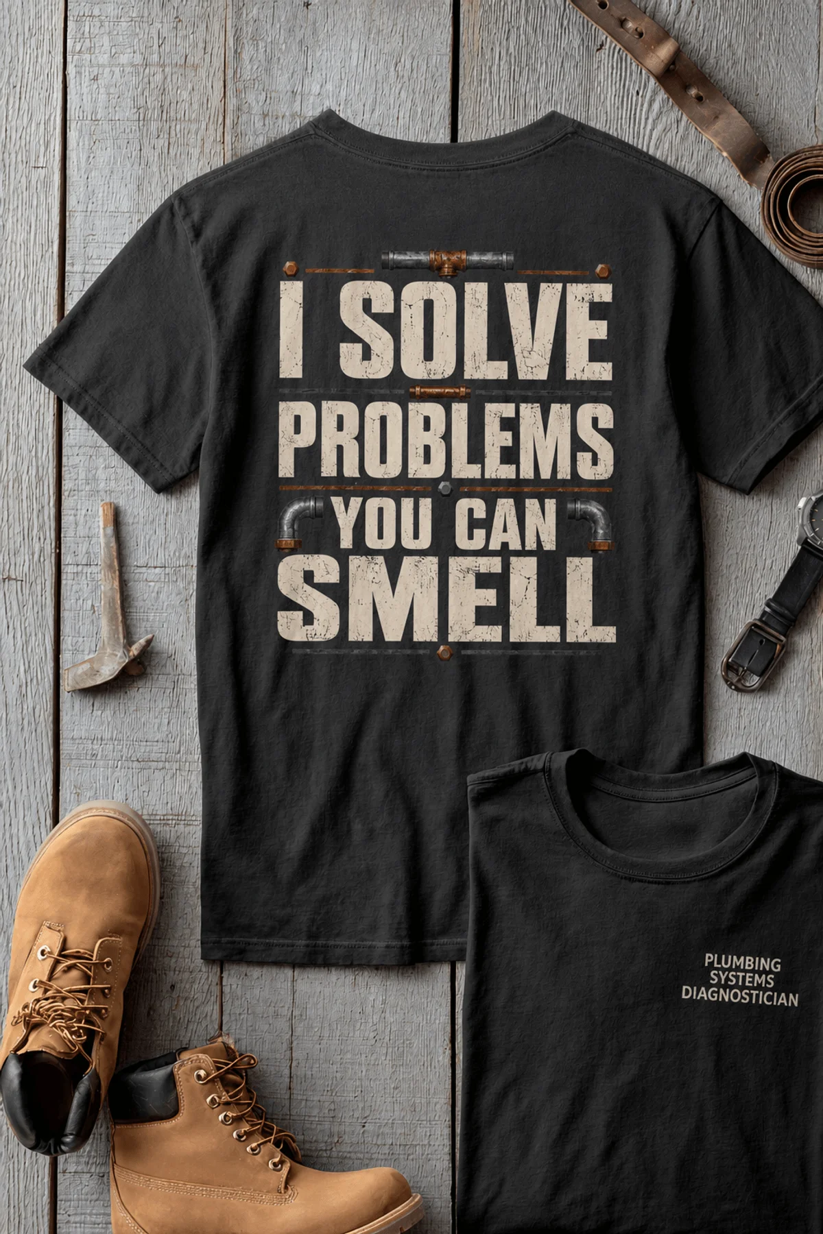 Funny Plumber Repair Graphic Tee "I Solve Problems You Can Smell" Back - "Plumbing Systems Diagnostician" Front — blue-spruce — Flat-lay Funny Plumber Repair Graphic Tee "I Solve Problems You Can Smell" Back - "Plumbing Systems Diagnostician" Front — blue-spruce t-shirt, flat-lay product photo | Pressure Tested Co