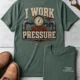 Funny Plumber Repair Graphic Tee "I Work Under Pressure" Back - "Plumbing Systems Diagnostician" Front — blue-spruce t-shirt, flat-lay product photo | Pressure Tested Co