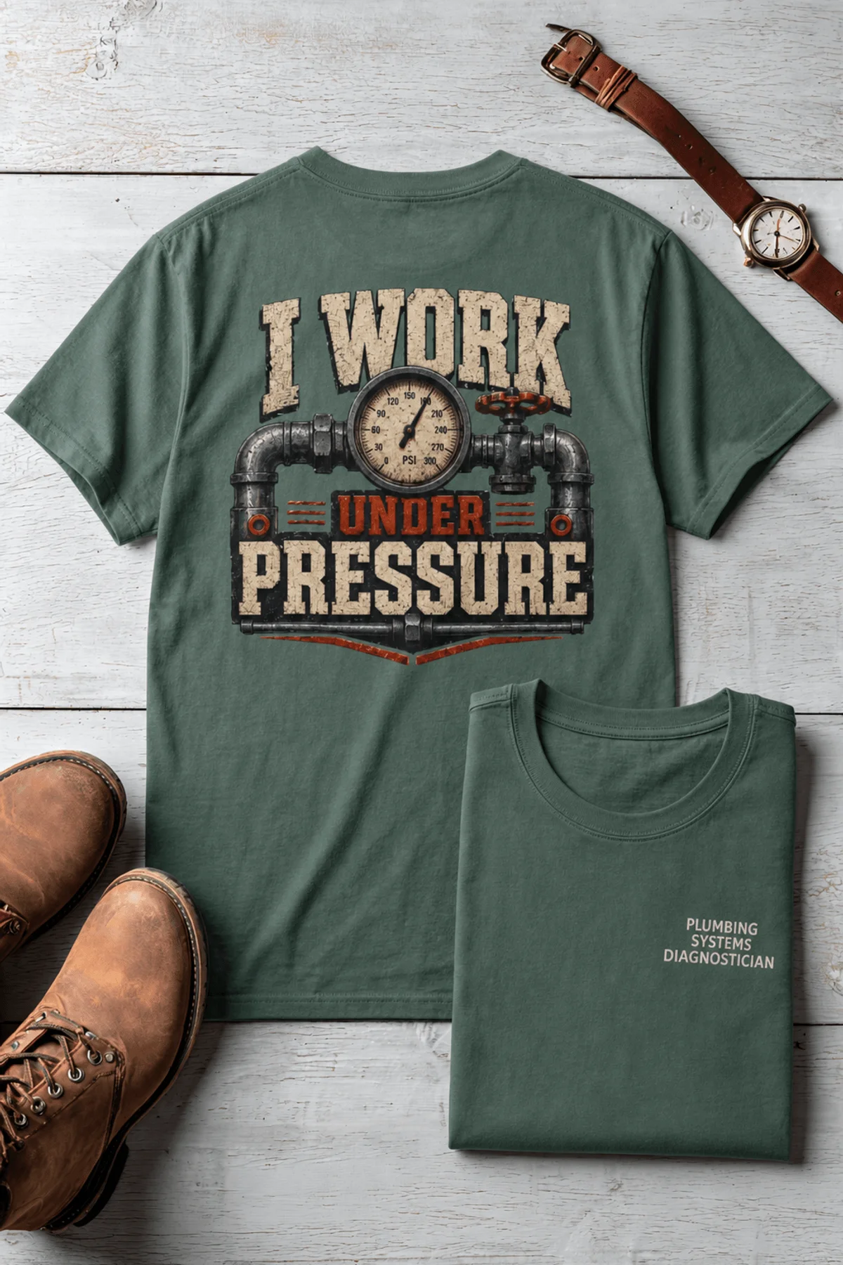 Funny Plumber Repair Graphic Tee "I Work Under Pressure" Back - "Plumbing Systems Diagnostician" Front — blue-spruce t-shirt, flat-lay product photo | Pressure Tested Co