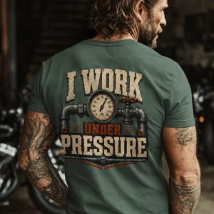 Funny Plumber Repair Graphic Tee "I Work Under Pressure" Back - "Plumbing Systems Diagnostician" Front — blue-spruce t-shirt, model photo | Pressure Tested Co