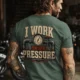 Funny Plumber Repair Graphic Tee "I Work Under Pressure" Back - "Plumbing Systems Diagnostician" Front — blue-spruce t-shirt, model photo | Pressure Tested Co