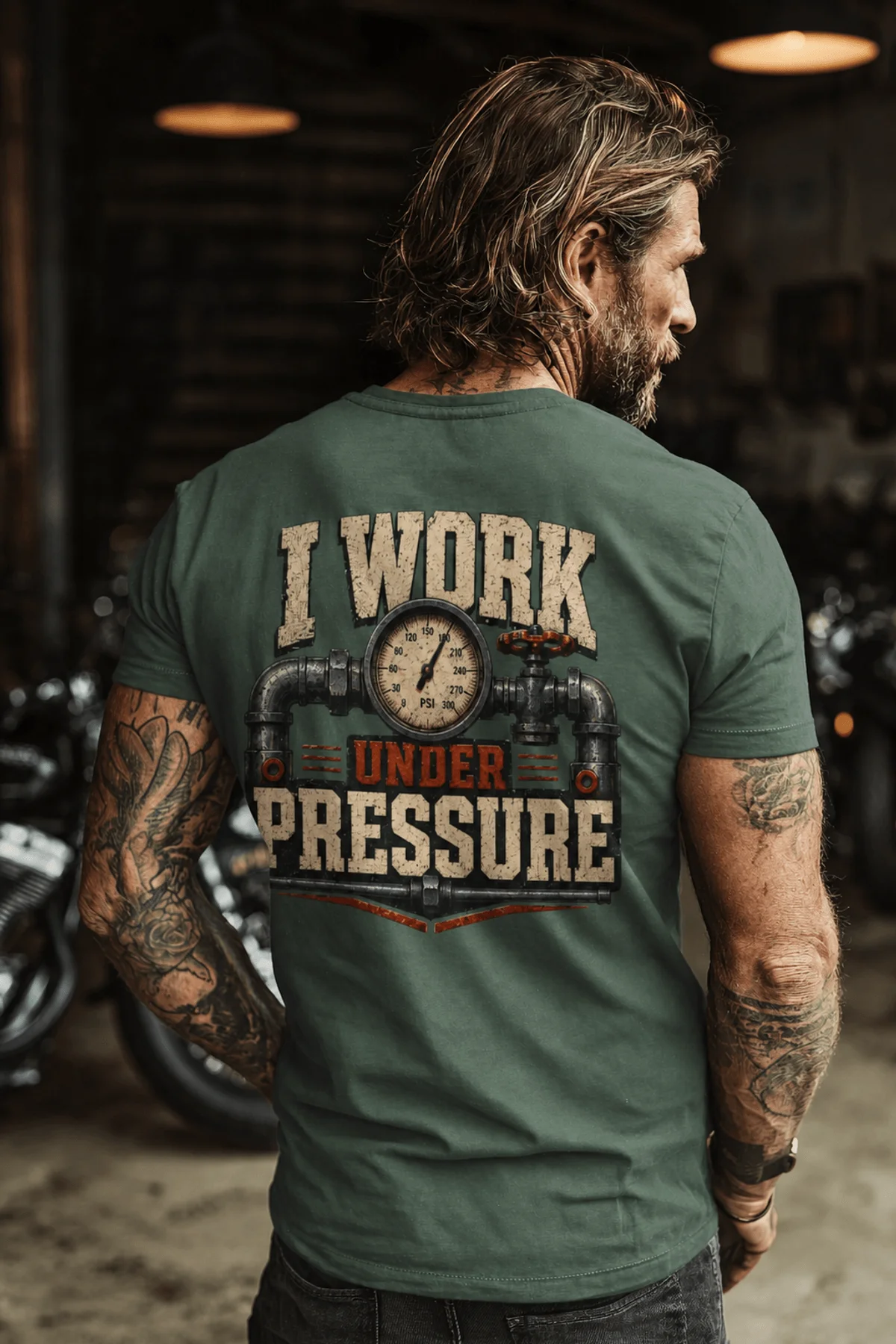 Funny Plumber Repair Graphic Tee "I Work Under Pressure" Back - "Plumbing Systems Diagnostician" Front — blue-spruce t-shirt, model photo | Pressure Tested Co
