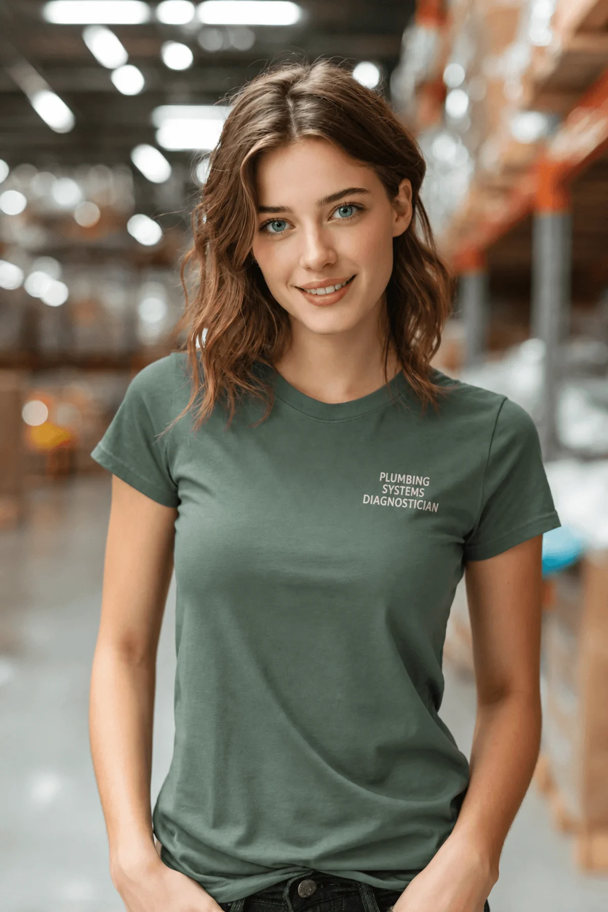 Funny Plumber Repair Graphic Tee "I Solve Problems You Can Smell" Back - "Plumbing Systems Diagnostician" Front — blue-spruce — Model Funny Plumber Repair Graphic Tee "I Solve Problems You Can Smell" Back - "Plumbing Systems Diagnostician" Front — blue-spruce t-shirt, model photo | Pressure Tested Co