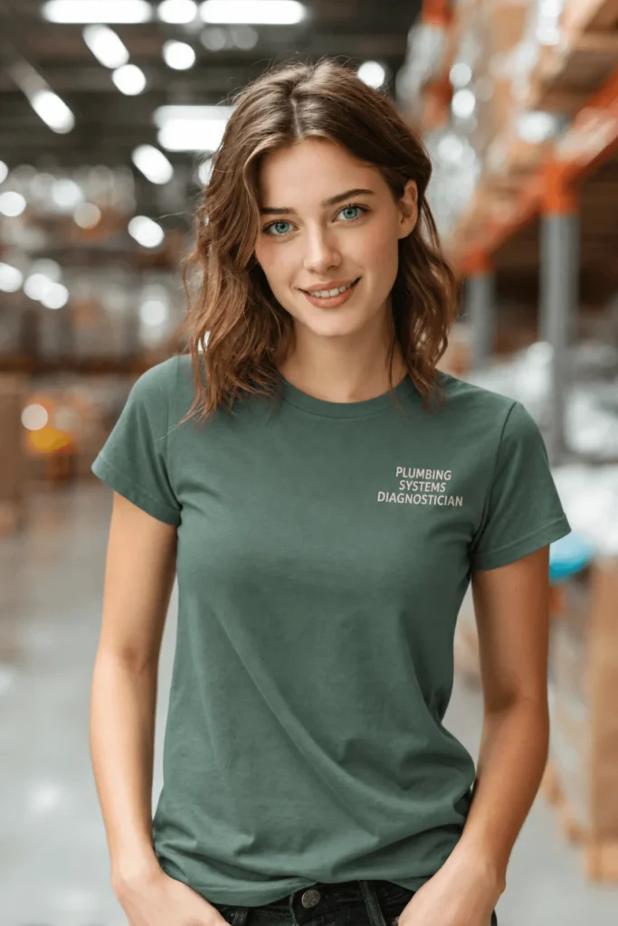 Funny Plumber Repair Graphic Tee "I Work Under Pressure" Back - "Plumbing Systems Diagnostician" Front — blue-spruce t-shirt, model photo | Pressure Tested Co