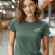 Funny Plumber Repair Graphic Tee "I Work Under Pressure" Back - "Plumbing Systems Diagnostician" Front — blue-spruce t-shirt, model photo | Pressure Tested Co