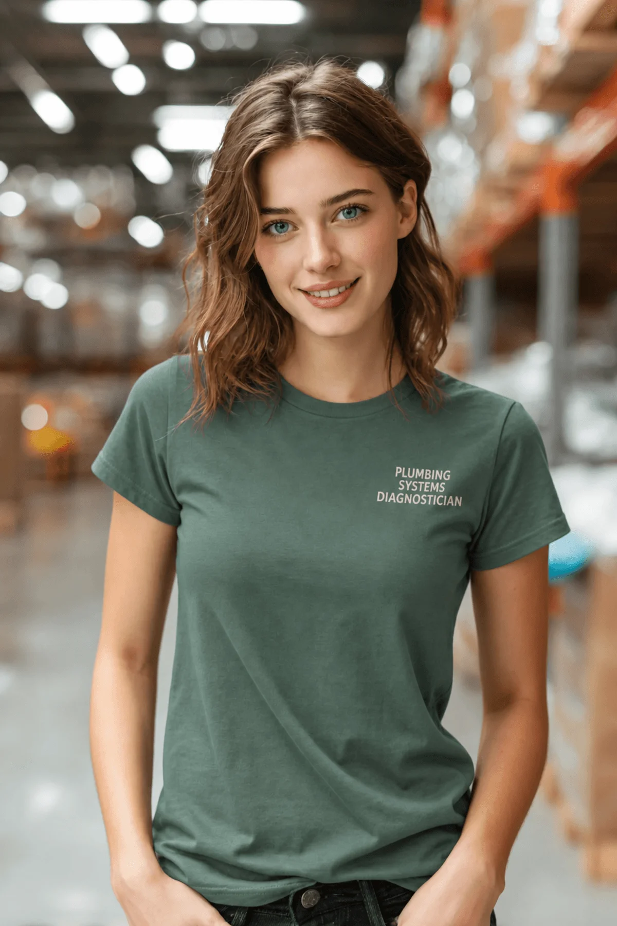 Funny Plumber Repair Graphic Tee "I Work Under Pressure" Back - "Plumbing Systems Diagnostician" Front — blue-spruce t-shirt, model photo | Pressure Tested Co