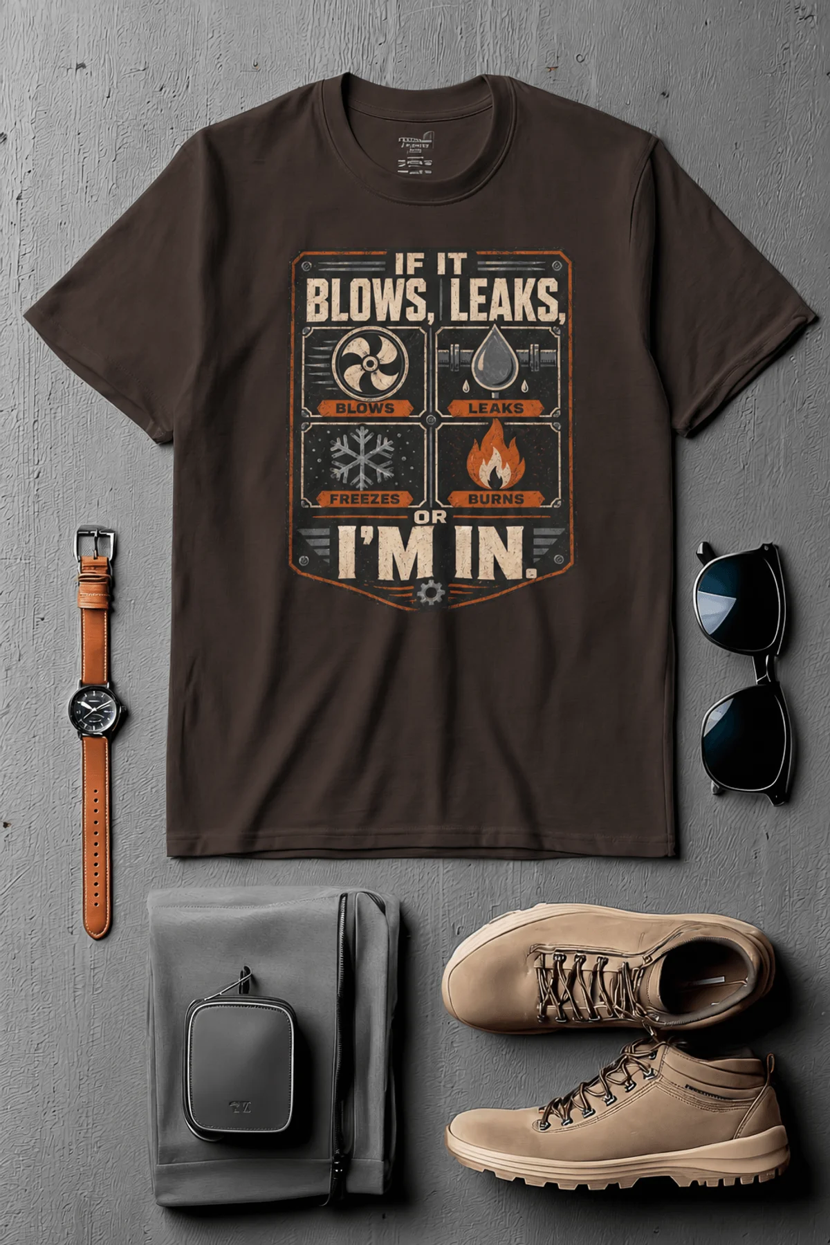 HVAC Technician T‑Shirt — "If It Blows, Leaks, Freezes or Burns I'm In" Retro Tradesmen Tee — brown — Flat-lay HVAC Technician T‑Shirt — "If It Blows, Leaks, Freezes or Burns I'm In" Retro Tradesmen Tee — brown t-shirt, flat-lay product photo | Pressure Tested Co