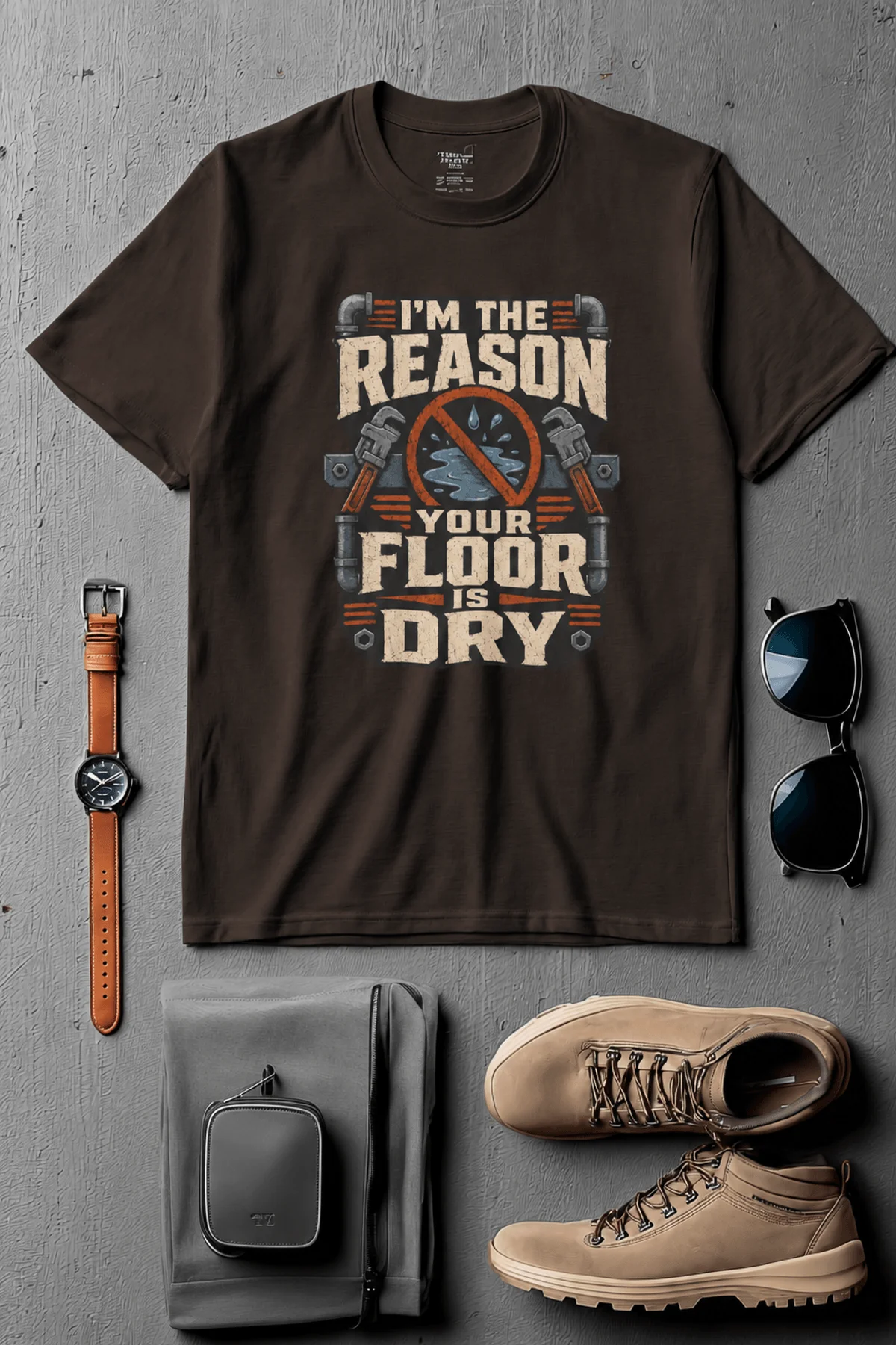 Plumber T‑Shirt – "I'm the Reason Your Floor Is Dry" Vintage Plumbing Tee — brown — Flat-lay Plumber T‑Shirt – "I'm the Reason Your Floor Is Dry" Vintage Plumbing Tee — brown t-shirt, flat-lay product photo | Pressure Tested Co