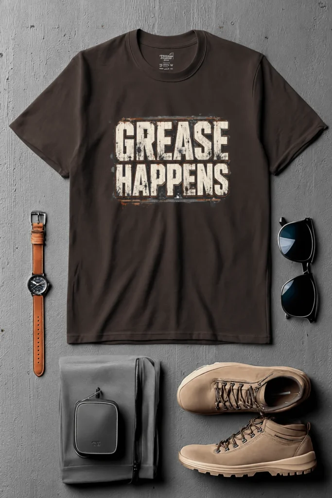 Grease Happens T-Shirt — Funny Mechanic Garage Tee — brown t-shirt, flat-lay product photo | Pressure Tested Co