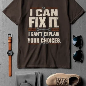 Sarcastic Mechanic T‑Shirt – "I Can Fix It. I Can't Explain Your Choices" Vintage Mechanic Shirt - DIY Repair Tee — brown t-shirt, flat-lay product photo | Pressure Tested Co