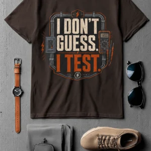 I Don't Guess I Test T-Shirt — Funny Tech Tee for Engineers and Electricians — brown t-shirt, flat-lay product photo | Pressure Tested Co