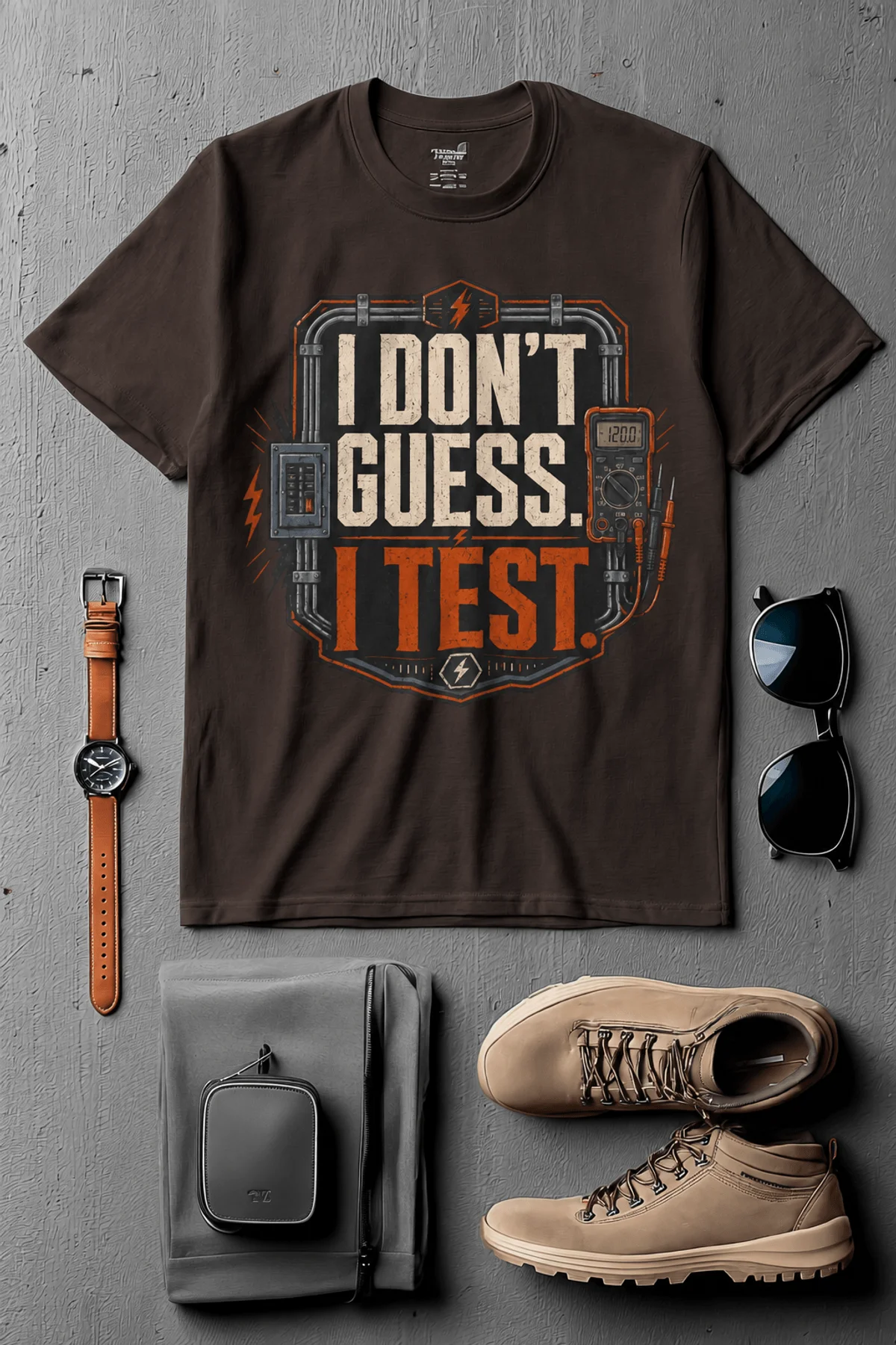 I Don't Guess I Test T-Shirt — Funny Tech Tee for Engineers and Electricians — brown — Flat-lay I Don't Guess I Test T-Shirt — Funny Tech Tee for Engineers and Electricians — brown t-shirt, flat-lay product photo | Pressure Tested Co
