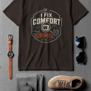 Funny HVAC Tech Tee "I Fix Comfort Crimes" — Furnace and Air Tech Work Tee — brown t-shirt, flat-lay product photo | Pressure Tested Co