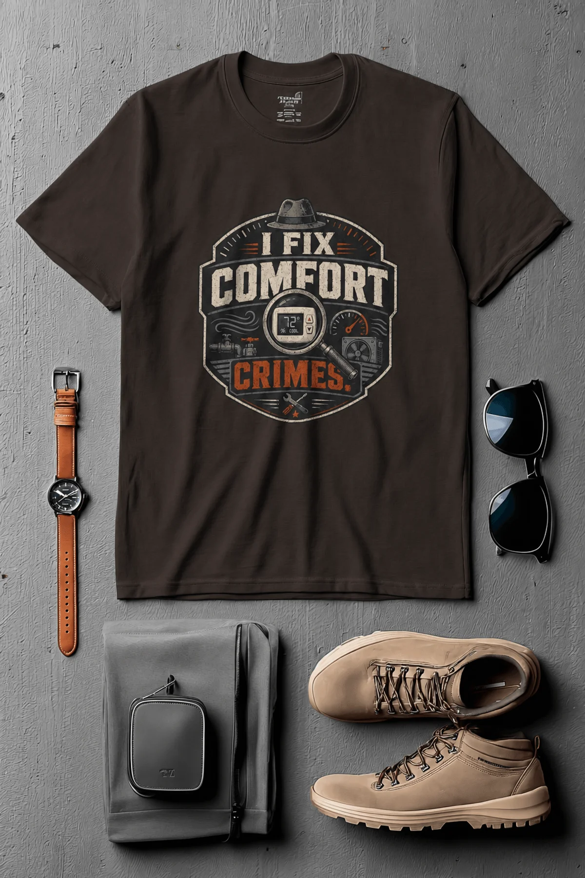 Funny HVAC Tech Tee "I Fix Comfort Crimes" — Furnace and Air Tech Work Tee — brown — Flat-lay Funny HVAC Tech Tee "I Fix Comfort Crimes" — Furnace and Air Tech Work Tee — brown t-shirt, flat-lay product photo | Pressure Tested Co