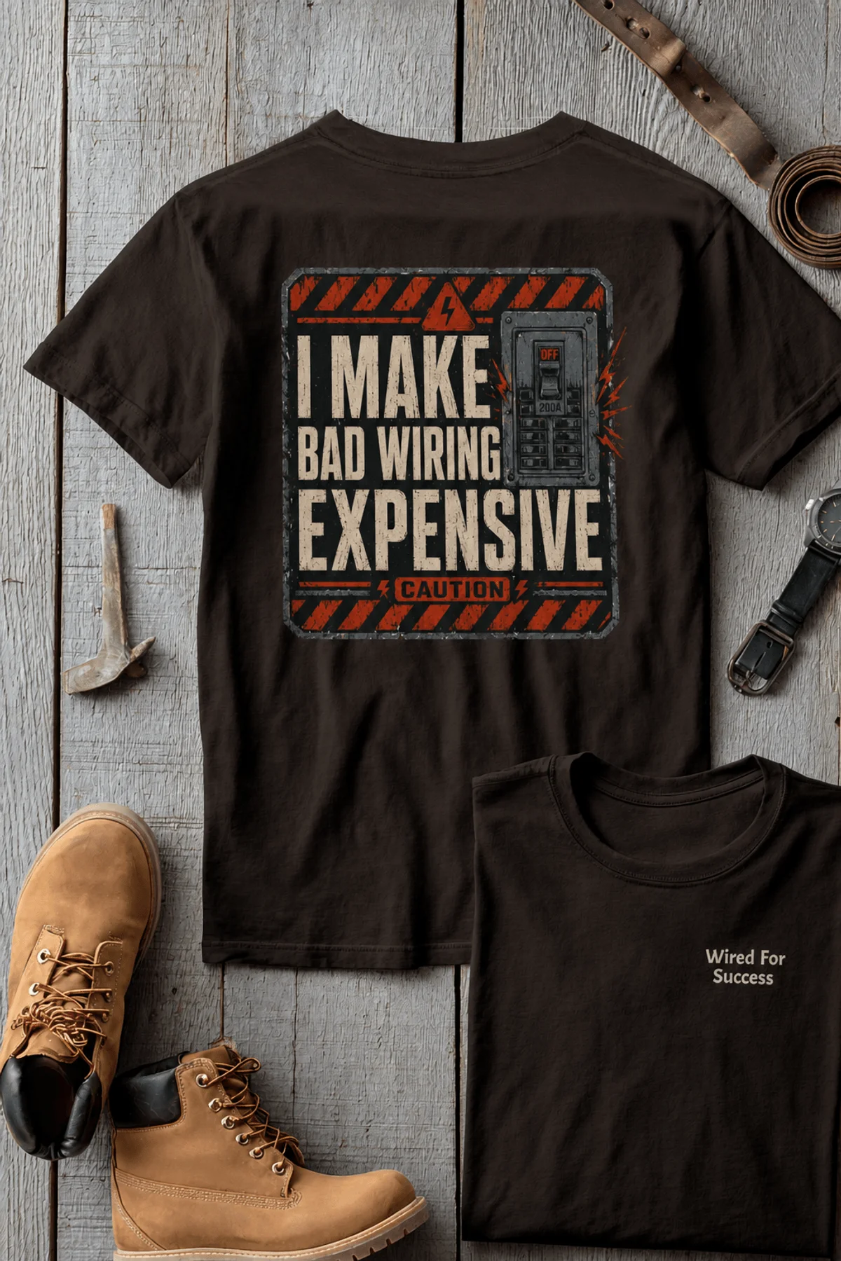 Funny Electrician Tech Tee - Back "I Make Bad Wiring Expensive" — Front "Wired For Success" Vintage Work Tee — brown — Flat-lay Funny Electrician Tech Tee - Back "I Make Bad Wiring Expensive" — Front "Wired For Success" Vintage Work Tee — brown t-shirt, flat-lay product photo | Pressure Tested Co