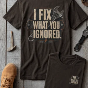 I Fix What You Ignored T-Shirt — Mechanic Wrench Tool Shirt for Technicians & DIYers — brown t-shirt, flat-lay product photo | Pressure Tested Co