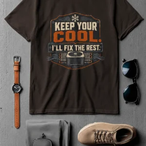 Funny HVAC Tee Shirt "Keep Your Cool. I'll Fix The Rest." T-Shirt – Vintage GraphicTee — brown t-shirt, flat-lay product photo | Pressure Tested Co