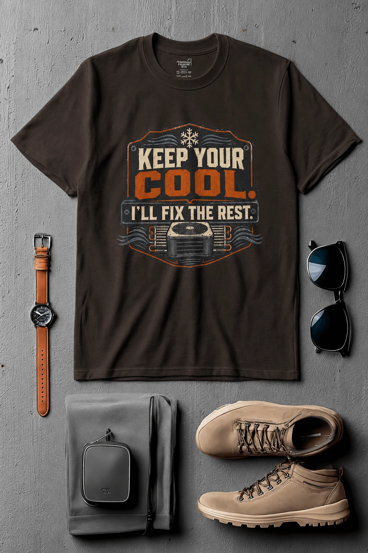 Funny HVAC Tee Shirt "Keep Your Cool. I'll Fix The Rest." T-Shirt – Vintage GraphicTee — brown — Flat-lay Funny HVAC Tee Shirt "Keep Your Cool. I'll Fix The Rest." T-Shirt – Vintage GraphicTee — brown t-shirt, flat-lay product photo | Pressure Tested Co