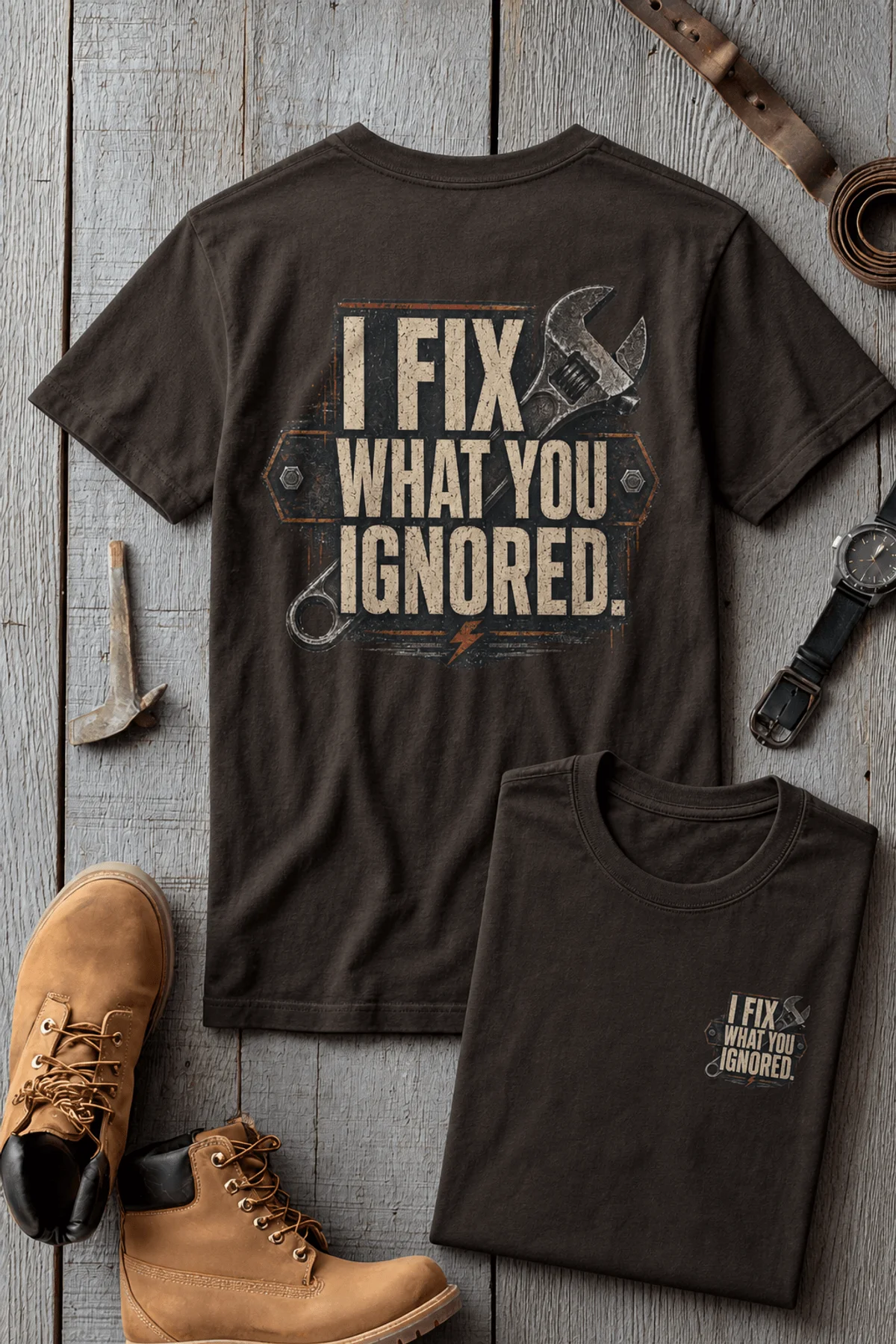I Fix What You Ignored T-Shirt — Mechanic Wrench Tool Shirt for Technicians & DIYers — brown — Flat-lay I Fix What You Ignored T-Shirt — Mechanic Wrench Tool Shirt for Technicians & DIYers — brown t-shirt, flat-lay product photo | Pressure Tested Co