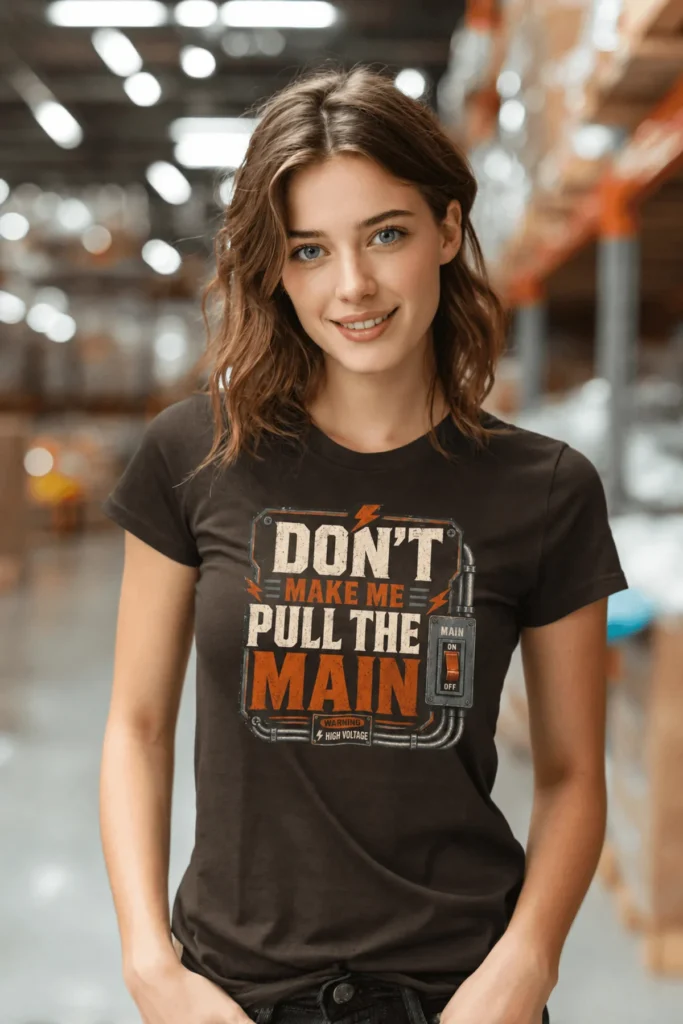 Funny Electrician/Maintenance Crew Tee Shirt "Don't Make Me Pull The Main" T-Shirt – Vintage GraphicTee — brown t-shirt, model photo | Pressure Tested Co