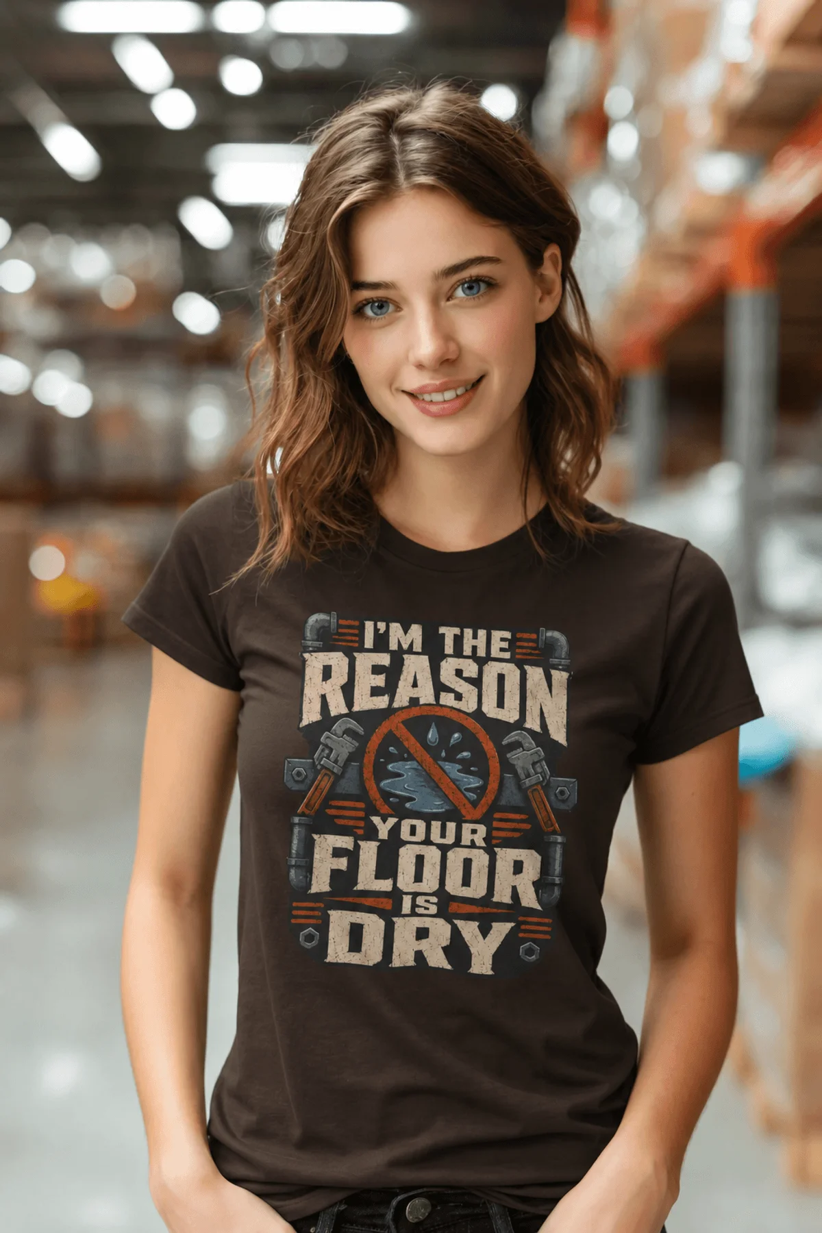 Plumber T‑Shirt – "I'm the Reason Your Floor Is Dry" Vintage Plumbing Tee — brown — Model Plumber T‑Shirt – "I'm the Reason Your Floor Is Dry" Vintage Plumbing Tee — brown t-shirt, model photo | Pressure Tested Co