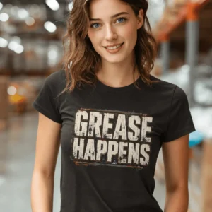 Grease Happens T-Shirt — Funny Mechanic Garage Tee — brown t-shirt, model photo | Pressure Tested Co
