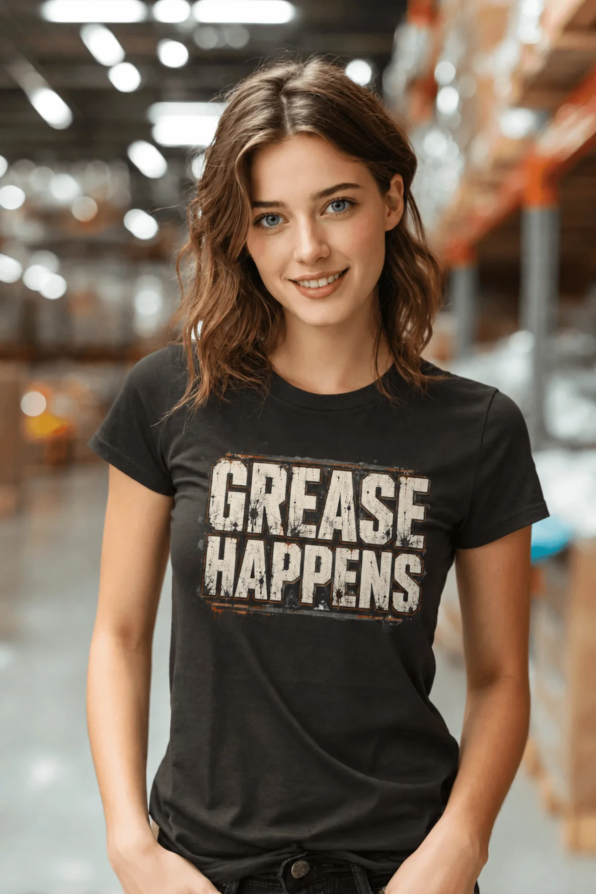 Grease Happens T-Shirt — Funny Mechanic Garage Tee — brown — Model Grease Happens T-Shirt — Funny Mechanic Garage Tee — brown t-shirt, model photo | Pressure Tested Co