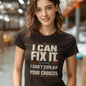 Sarcastic Mechanic T‑Shirt – "I Can Fix It. I Can't Explain Your Choices" Vintage Mechanic Shirt - DIY Repair Tee — brown t-shirt, model photo | Pressure Tested Co