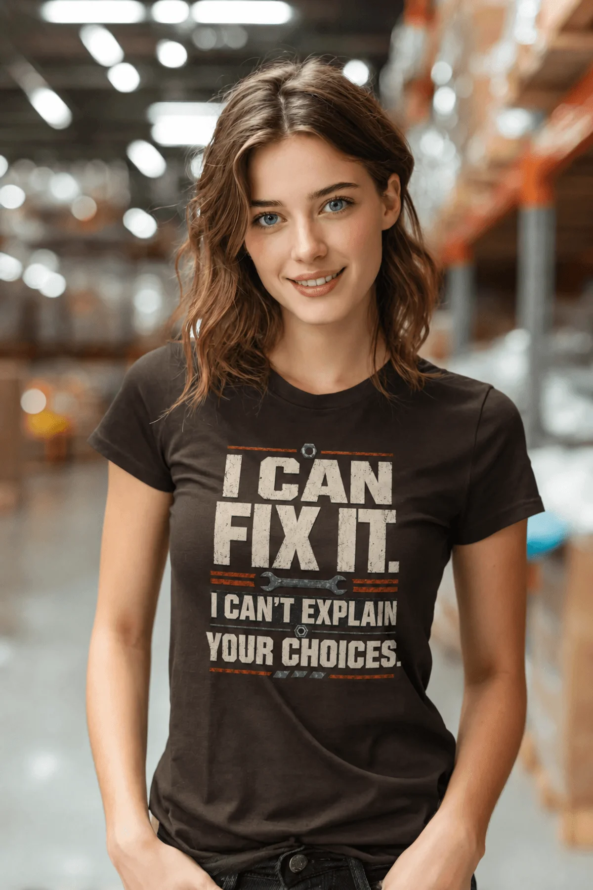 Sarcastic Mechanic T‑Shirt – "I Can Fix It. I Can't Explain Your Choices" Vintage Mechanic Shirt - DIY Repair Tee — brown t-shirt, model photo | Pressure Tested Co