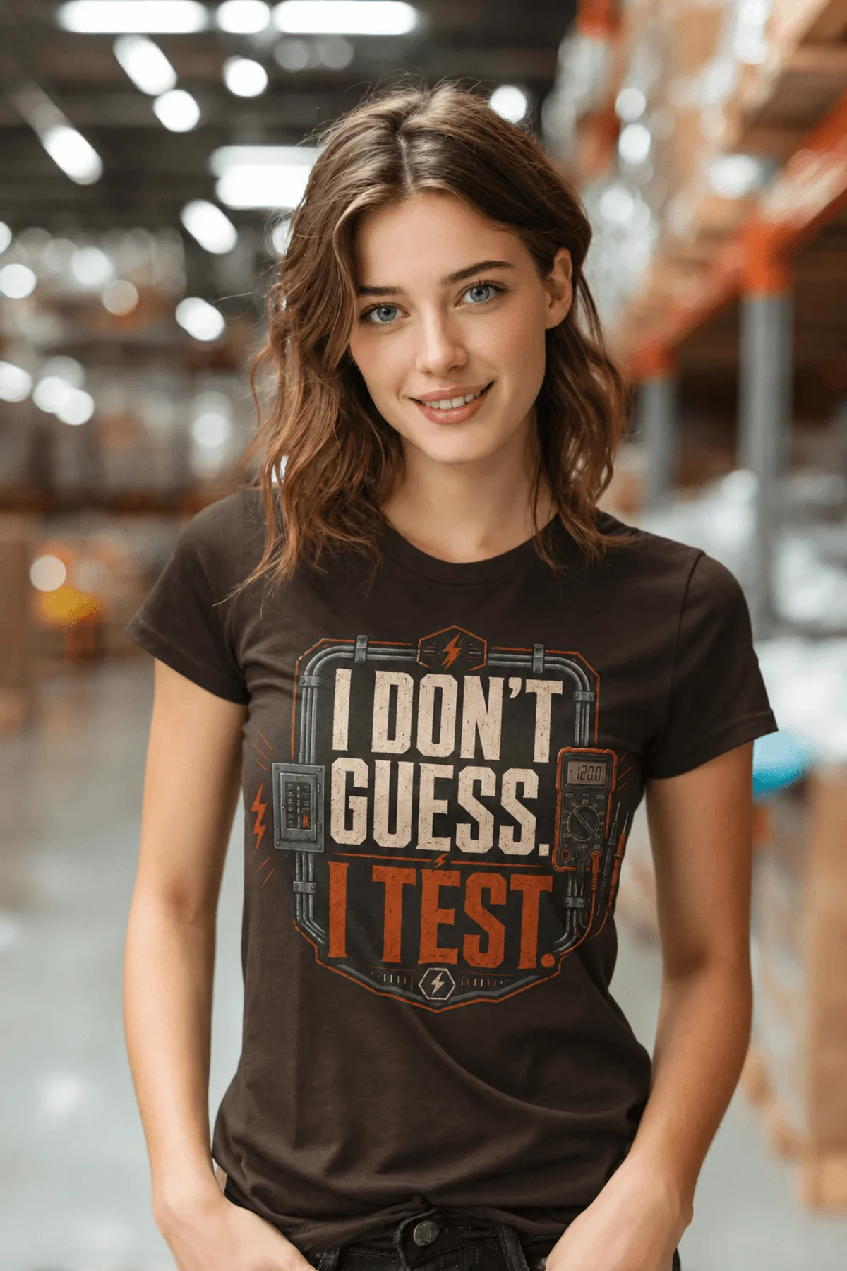 I Don't Guess I Test T-Shirt — Funny Tech Tee for Engineers and Electricians — brown — Model I Don't Guess I Test T-Shirt — Funny Tech Tee for Engineers and Electricians — brown t-shirt, model photo | Pressure Tested Co