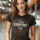 Funny HVAC Tech Tee "I Fix Comfort Crimes" — Furnace and Air Tech Work Tee — brown — Model Funny HVAC Tech Tee "I Fix Comfort Crimes" — Furnace and Air Tech Work Tee — brown t-shirt, model photo | Pressure Tested Co