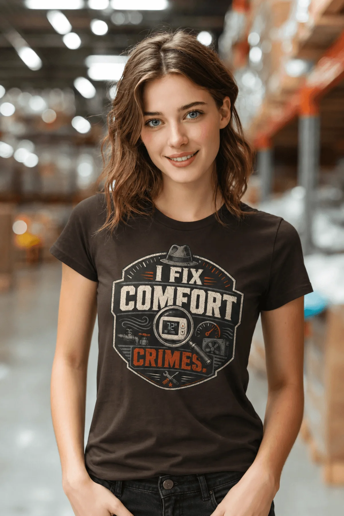 Funny HVAC Tech Tee "I Fix Comfort Crimes" — Furnace and Air Tech Work Tee — brown — Model Funny HVAC Tech Tee "I Fix Comfort Crimes" — Furnace and Air Tech Work Tee — brown t-shirt, model photo | Pressure Tested Co