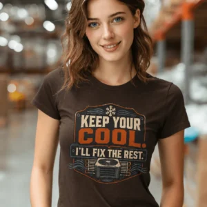 Funny HVAC Tee Shirt "Keep Your Cool. I'll Fix The Rest." T-Shirt – Vintage GraphicTee — brown t-shirt, model photo | Pressure Tested Co