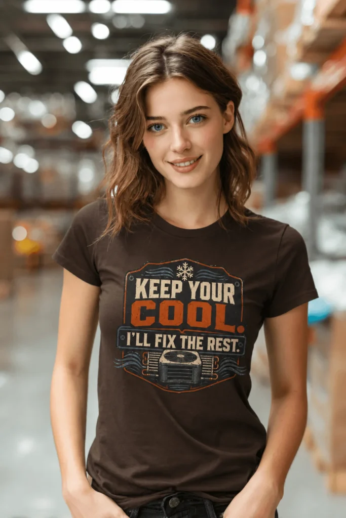 Funny HVAC Tee Shirt "Keep Your Cool. I'll Fix The Rest." T-Shirt – Vintage GraphicTee — brown t-shirt, model photo | Pressure Tested Co