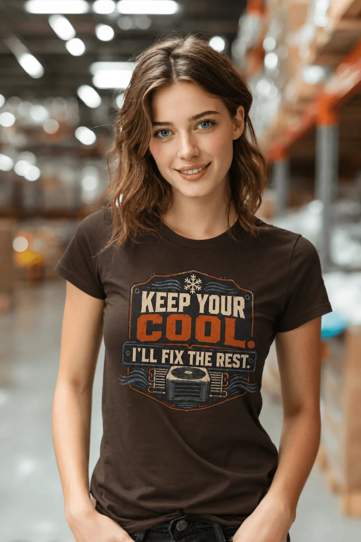 Funny HVAC Tee Shirt "Keep Your Cool. I'll Fix The Rest." T-Shirt – Vintage GraphicTee — brown — Model Funny HVAC Tee Shirt "Keep Your Cool. I'll Fix The Rest." T-Shirt – Vintage GraphicTee — brown t-shirt, model photo | Pressure Tested Co